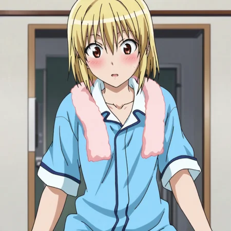 <lora:Mihari_pony_v1:.8>MihariPajamas, 1girl, blonde hair, towel around neck, short hair, pajamas, brown eyes, collarbone, cowboy shot