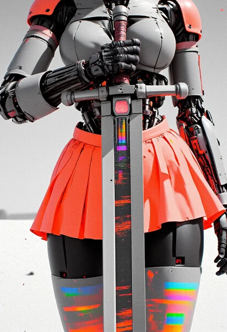 scrmblcbletv, analog, interlaced, ajpasbot. A photorealistic monochromatic 3D render with vibrant neon orange glitches showing a detailed close-up of a black skinned feminine robot's Upper body featuring a curvaceous form wearing a short pleated skirt and thigh-high stockings. She IS Holding a Large futuristic giant sword, Her exposed mechanical body consists of intricately connected desaturated components - orange and Grey hydraulic pistons, and joint mechanisms visible through transparent panels. The exoskeleton features color-blocked sections in vibrant Red and Pristine white, with delicate seams and intricate mechanical details. Exposed circuitry glows with holographic highlights between armor plates. Her shoulder blades are elegant mechanical structures with prismatic reflections. The short skirt fabric flows with a metallic sheen, while sheer holographic thigh-high stockings hug her mechanical legs, revealing glimpses of the complex mechanical structure beneath. The neon-mist stockings feature intricate geometric patterns. The composition is set against a bleaked White desert background, atmospheric lighting, atmospheric haze, Artificial directional lighting emphasizes the detailed mechanical anatomy and creates playful reflections across the surfaces. Shot in extreme close-up, focusing on the intricate details of her mechanical Upper Body structure.
