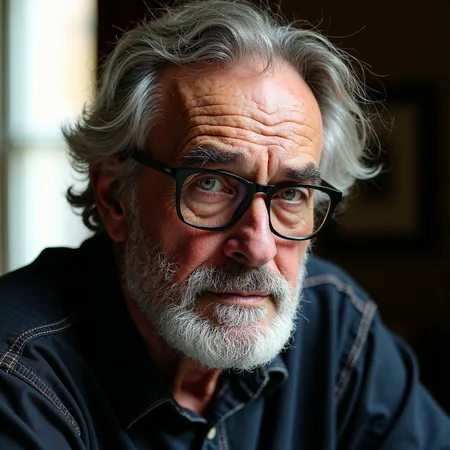 a professional portrait of an elderly man, likely in his late 60s or early 70s, he has a wrinkled, aged face with prominent cheekbones and a full, neatly trimmed beard, his eyes are large and almond-shaped, with a calm, contemplative expression, he wears thin, black-framed glasses that add a touch of intellectualism to his appearance, the man's hair is short and wavy, with some strands framing his face, the background is blurred, but it appears to be an indoor setting with soft, natural light streaming in from a window on the left, casting a warm glow on the subject, the overall mood of the portrait is introspective and slightly melancholic, with the subject's gaze directed towards the viewer, the photograph is rich in detail, capturing the texture of his skin and the folds of his clothing, emphasizing his age and the ruggedness of his face