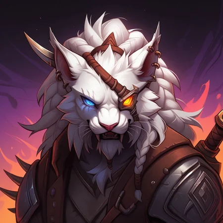 score_9, score_8_up, score_7_up, score_6_up, by liteu, by lewdzure:1.6, by nullghost, by lowerkuo:1.4, th3rm4l, (source_furry, Furry)
BREAK Painting of Rengar perched on treetop, partial body, upper body, def_rengar, portrait, sabertooth, armor, eyepatch, dynamic pose, high angle, top view, ((anthro, feline, heterochromia, holding jungle dagger, primitive weaponry, glowing eyes, braids, white fur) (toned:1.2), piercing gaze, pretty face, tuft, chest tuft, cat face,
BREAK colorful, abstract background, colorful background, nice lighting, exciting vibe,