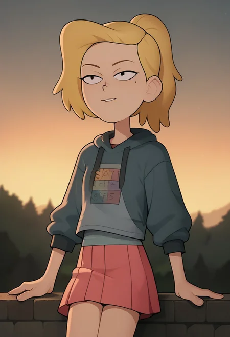 score_9, score_8_up, score_7_up, Loodncrood, 1girl, sasha waybright, blonde hair, ponytail, black eyes, mole under eye, grey hoodie, blue shirt, logo on shirt, pink skirt, pleated skirt, denim jacket, sunset, sitting on a cliff edge, trees, (perfect eyes)