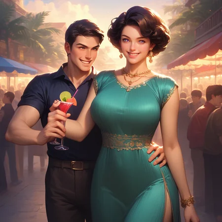 score_9,score_8_up,score_7_up, from behind, 1girl, 1boy, big breasts,  flirting, smile, action pose, crowd,  men,  cocktail party ,  Fortuny dress, (jade:celadon) <lora:Fortuny_Pony-_Panache:0.9> fabric texture, perfect face,  jewelry, female fpcus