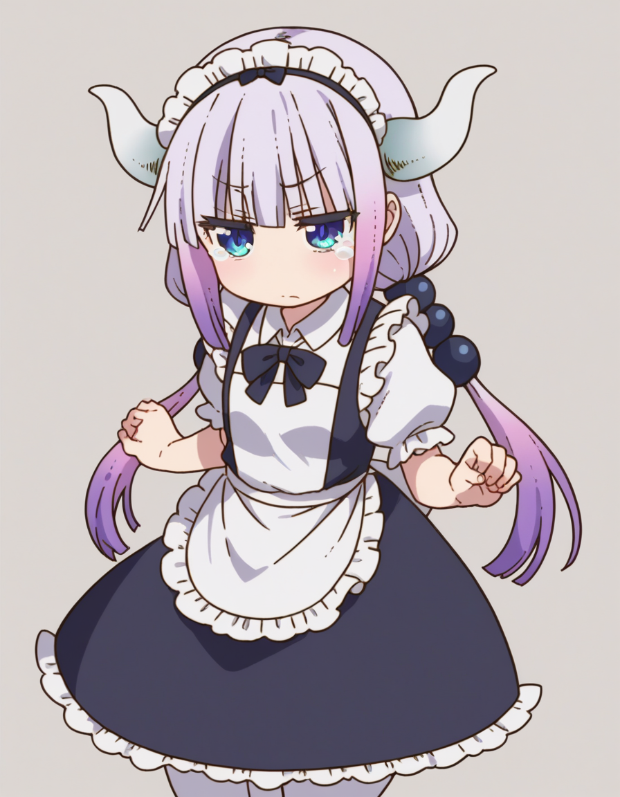 zPDXL, score_9, score_8_up, score_7_up, source_anime, (portrait),  <lora:KobayashiDragonPack:1> drgmd, 1girl, solo,
kanna kamui, petite, plump, purple hair, long hair, low twintails, blue eyes , maid-outfit, (white-pantyhose), mary-janes, maid-headdress, maid-apron, tearing up, horns_pose,