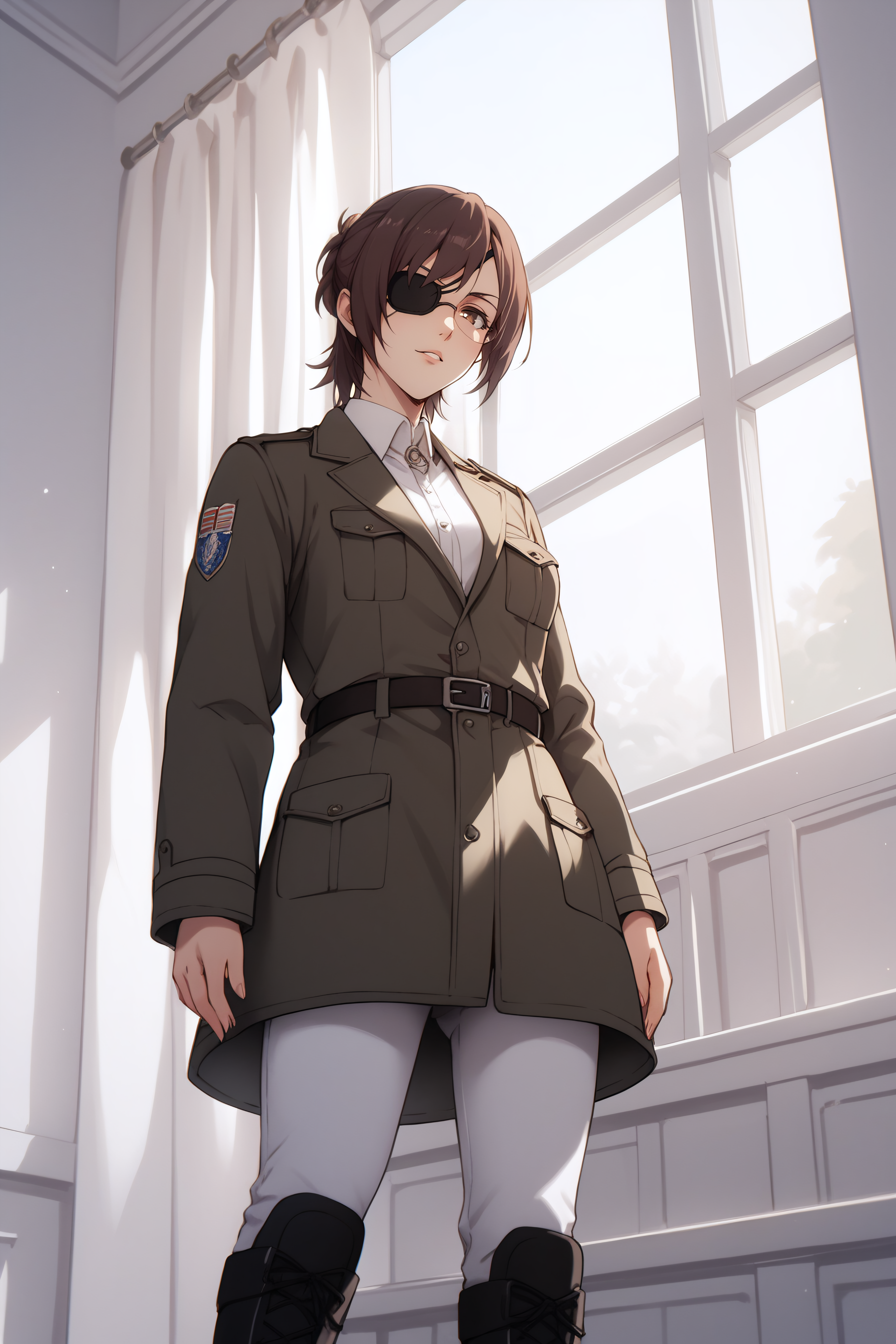 score_9, score_8_up, score_7_up, BREAK source_anime, <lora:hange zoë-PonyXL-lora-Faxtron:0.8> hange, glasses, brown eyes, dark brown hair, medium breasts, eye patch, military overcoat, survey corps \(emblem\), white shirt, white pants, knee boots, standing,