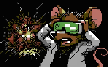<lora:petscii:1.0> petscii, masterpiece,best quality, solo, anthro, mouse, green goggles, mad scientist, obscured eyes, hands on head, explosion, open mouth, scared, black background