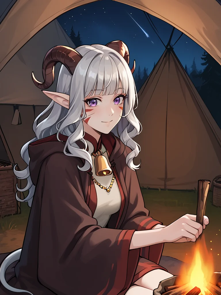 source_furry, score_7_up, rating_safe, gold necklace, tiefing, short pointed ears, brown horns, (a pair of brown sheep Horns that begin at her temples and curve back: 1.5), bangs, long silver hair long wavy hair, pale skin, short pointy ears, purple eyes, <lora:age_slider_v4:0.6> medium breasts, skinny female, close up, silver hair, <lora:Tieflingnew weird fantasyDND:0.3> Tiefling, pointed ears, horns, <lora:Smooth Style 2 SDXL_LoRA_Pony Diffusion V6 XL:0.5> bell, robe, hood off, < <lora:whisker_markings:0.8>red whisker_markings,
<lora:Campfire:0.8> campfire, tent