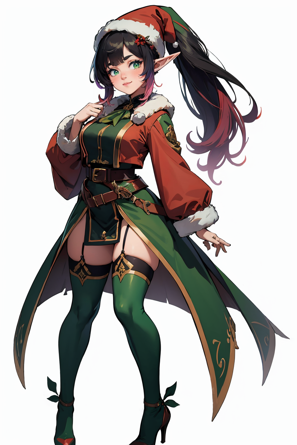 (masterpiece, best quality, highres, high resolution:1.2), extremely detailed, intricate details, 1girl, solo, looking at viewer, clamEmma, <lora:clamEmma:0.6>, (simple background, white background:1.2), full body, santa's elf, green outfit, stocking cap, high heel boots, smile, side-swept bangs, black hair, pink IncursioDipDyedHair, messy mid ponytail, green eyes, thick eyebrows, freckles, <lora:DipDyedHair:0.8>, <lora:weight_slider_v2:0.25>, (cinematic lighting, bloom, volumetric)