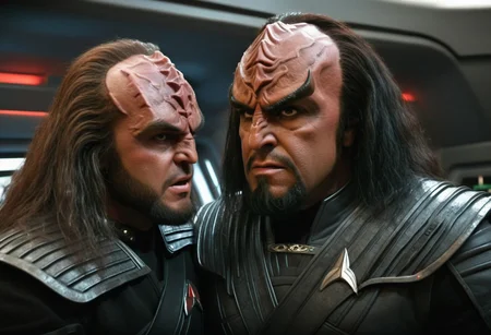 High quality, 8k resolution, hyper realistic photograph, cinematic, Klingon males punching a human male, detailed faces, black leather uniform, brown eyes, klingon forehead, on a spaceship, dark lighting, dark hair, mean expressions, aggressive look.