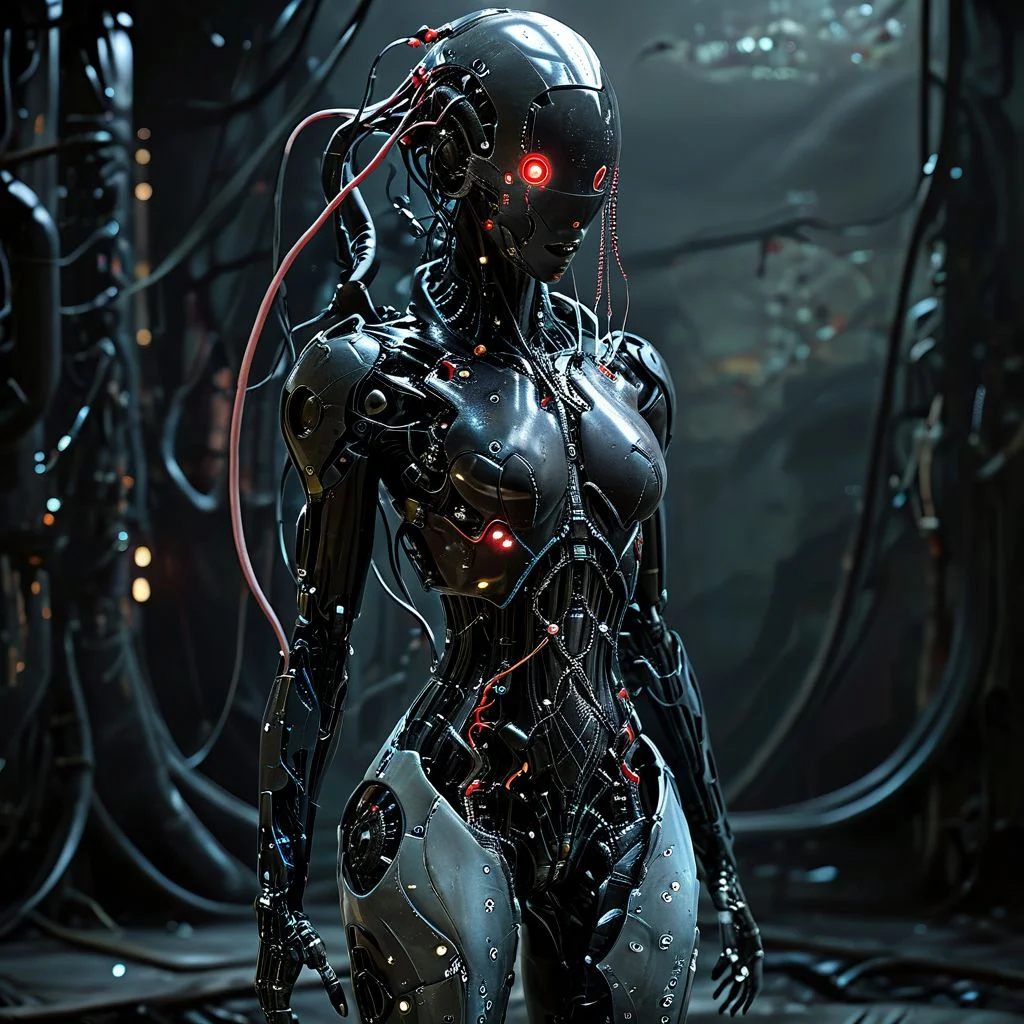 (biopunk sexy woman turning into jellyfish :1.2) with cybernetic features, cinematic, cyberpunk elements, amazing detailed, grim sci-fi, biomorph, organic and mechanical, natural light, beautiful cleavage, glowing red eyes <lora:Dark_Futuristic_Circuit_Boards:0.6> circuitboard, dark futuristic <lora:hyperkraximalism_v1-1:0.2> <lora:Faceless_Cyborgs:0.85>