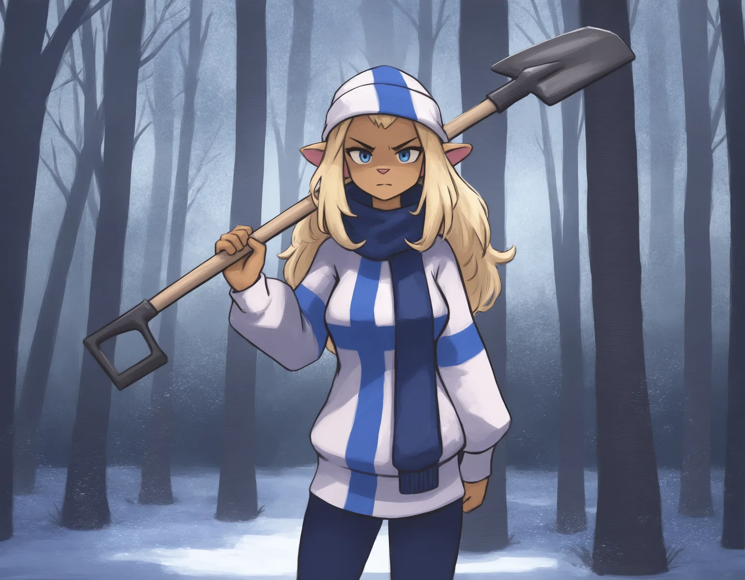 (artist: kenket :1),
masterpiece, best quality, newest, absurdres, highres, detailed background,
detailed background, outdoors, forest, day, winter, snowing,
1girl, solo, mimmisuomi,
blonde hair, long hair, sidelocks, medium breasts, blue eyes,
straight-on, looking at viewer, glaring, holding shovel, flag print, finnish flag, sweater, beanie, yoga pants, imminent hit, 
<lora:mimmi 2550 steps:1>