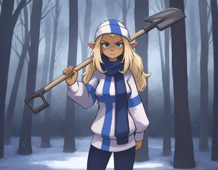 (artist: kenket :1),
masterpiece, best quality, newest, absurdres, highres, detailed background,
detailed background, outdoors, forest, day, winter, snowing,
1girl, solo, mimmisuomi,
blonde hair, long hair, sidelocks, medium breasts, blue eyes,
straight-on, looking at viewer, glaring, holding shovel, flag print, finnish flag, sweater, beanie, yoga pants, imminent hit,
<lora:mimmi 2550 steps:1>