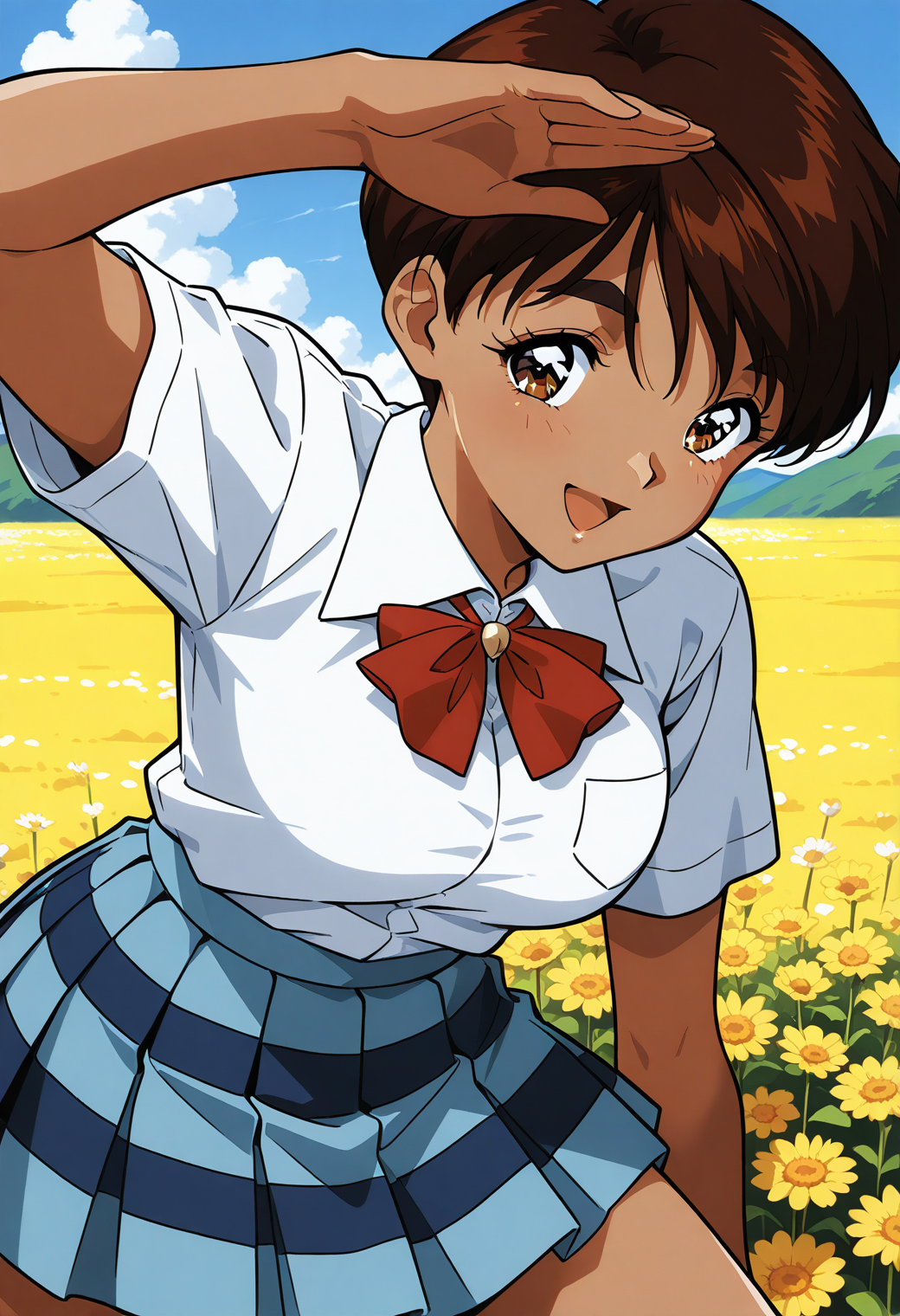 sr5_mizuki, retro artstyle, dark skin, dark-skinned female, thick eyebrows, brown eyes, brown hair, short hair, school uniform, red bowtie, short sleeves, white shirt, collared shirt, blue skirt, plaid skirt, <lora:SR5_mizuki_illustrious_ver1:0.8> 
smile,, masterpiece, best quality, general,, 1girl, solo, (field:1.2), (blue sky:1.2), looking at viewer,, (cowboy shot, dynamic pose:1.4),
