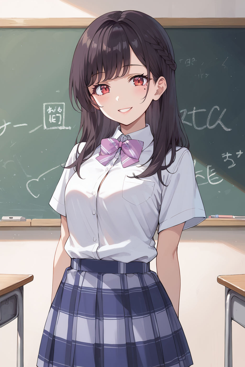 score_9, score_8_up, score_7_up, , score_ANIME,,, <lora:kurose_maria_pony3:0.8>kurosemaria, 1girl, solo, long hair, striped bow, , smile, mole under eye, black hair, short sleeves, red eyes, plaid skirt, french braid, bangs, collared shirt, looking at viewer, (lipstick:0.9), cowboy shot,  classroom, chalkboard,