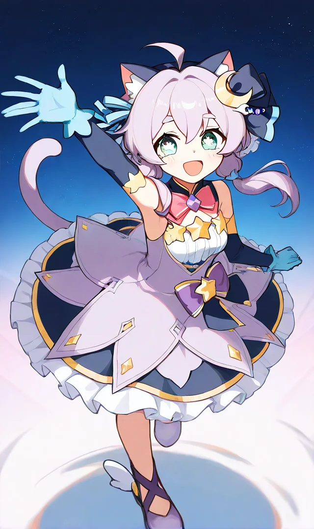 score_9, score_8_up, score_7_up, source_anime, wallpaper, BREAK,
(1girl:1.2), solo, <lora:PrismSaltIllustTest0.0.2 EA 4LR16EP:1>, salt\(maimai\), thick eyebrows, ahoge, hair between eyes, smile, happy,
cat ears, cat tail, animal ear fluff, green eyes, (grey purple hair:1.1), hair ornament, small breasts, star ribbon,star \(symbol\), star decorations,
crescent hair ornament, blue elbow gloves, frills, <lora:HandFixer_pdxl_Incrs_v1:0.6>,
looking at viewer, bright pupils, flower-shaped pupils,
(starry background:1.2), masterpiece, best quality, extremely detailed, full body, waving, standing,
<lora:StS_PonyXL_Detail_Slider_v1.4_iteration_3:1>, <lora:delicate:1>,