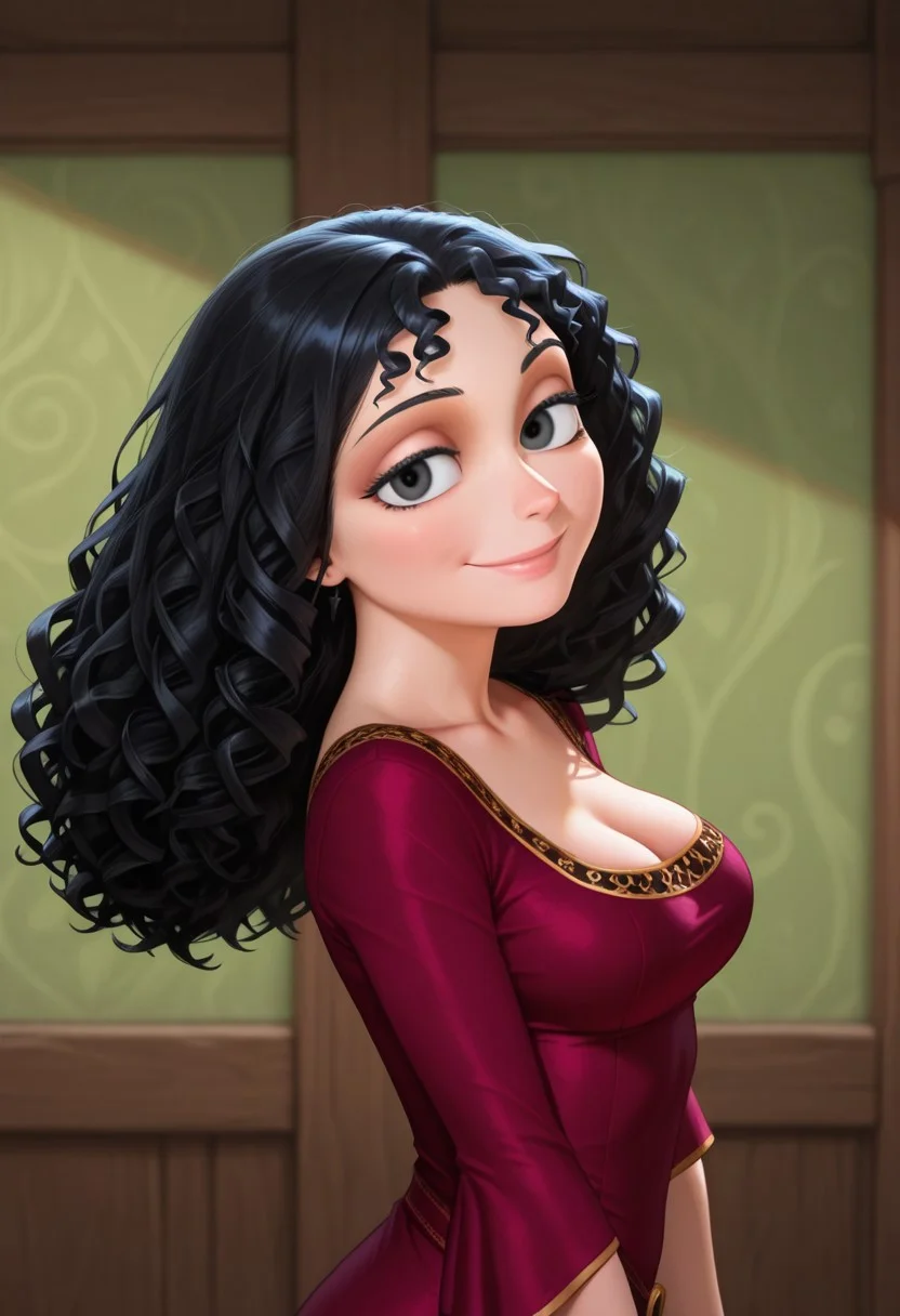 masterpiece, best quality, amazing quality, very aesthetic, absurdres, newest, detailed background,
gothelxd, 1girl, solo, black hair, breasts, looking at viewer, smile, cleavage, black eyes, long hair, upper body, curly hair, dress, from side, medium breasts,