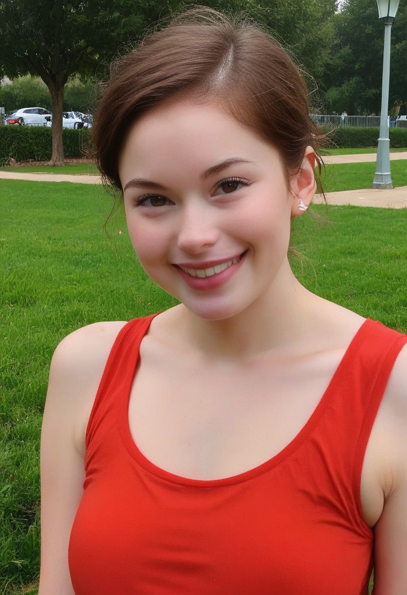 score_9, score_8_up, score_7_up, wide shot, high quality, best quality, photorealistic, park, outdoors, sunny, gorgeous shot BREAK 18 year old, brunette, cute, big eyes, soft jaw, cute smile, small mouth, plump lips, very plump lips, very small mouth,small nose, neoteny, amused, smiling, european,th1ntt0png, red tank top2.1, 
fresh skin, goosebump skin, pale skin,7-cgifaces, skinny,petite, detailed eyes, skinny,very widset eyes,very small mouth,very plump lips,cut smile
