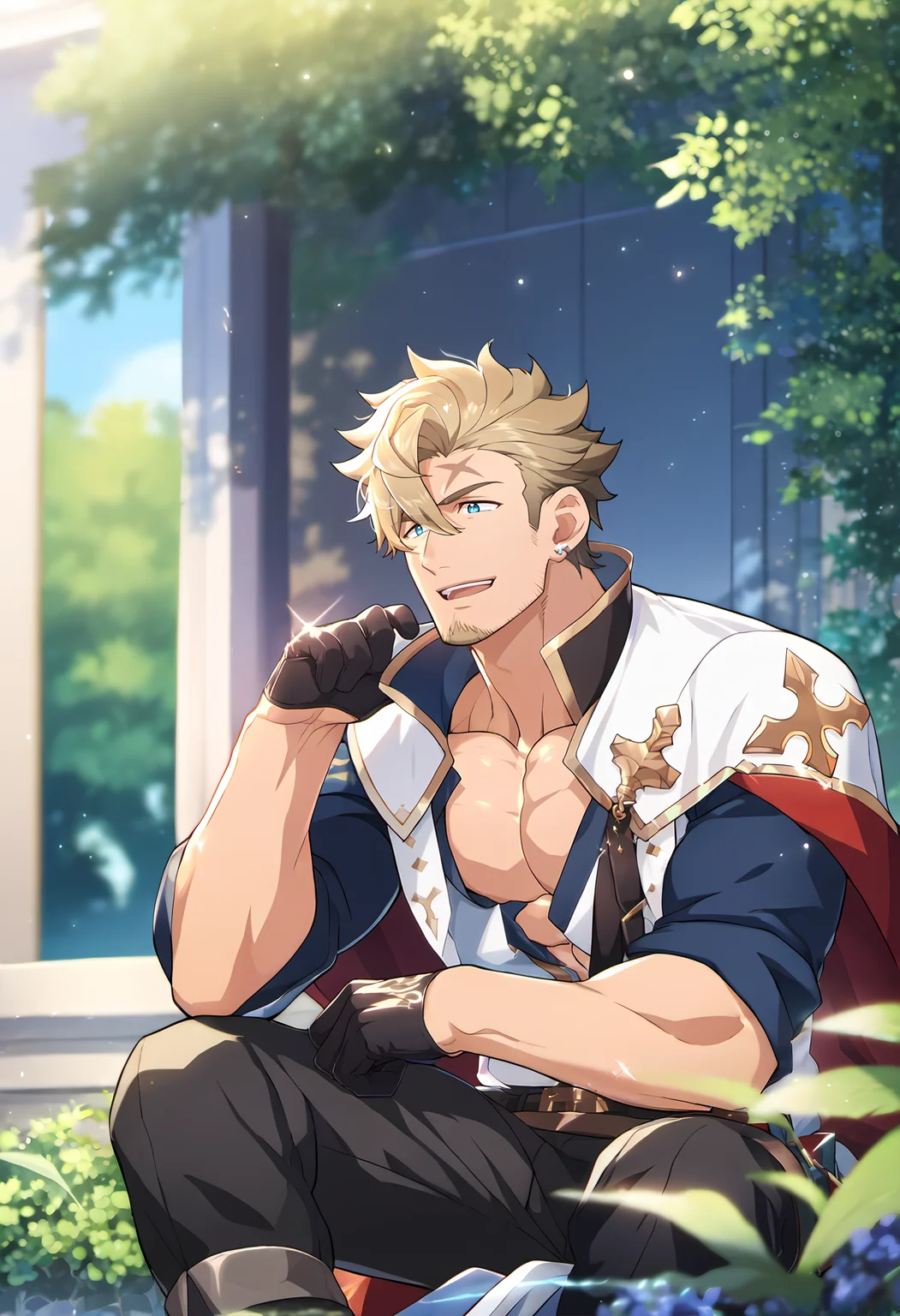 <lora:Curran:0.8>, score_9_up, score_8_up, score_7_up, score_6_up, ((source_anime)), anime, best quality, amazing quality, best aesthetic, amazing aesthetic, absurdres, year2023, curran, male focus, 1boy, solo, bara, pectorals, muscular, mature male, large pectorals, gloves, goatee, stubble, jewelry, pants, shirt,