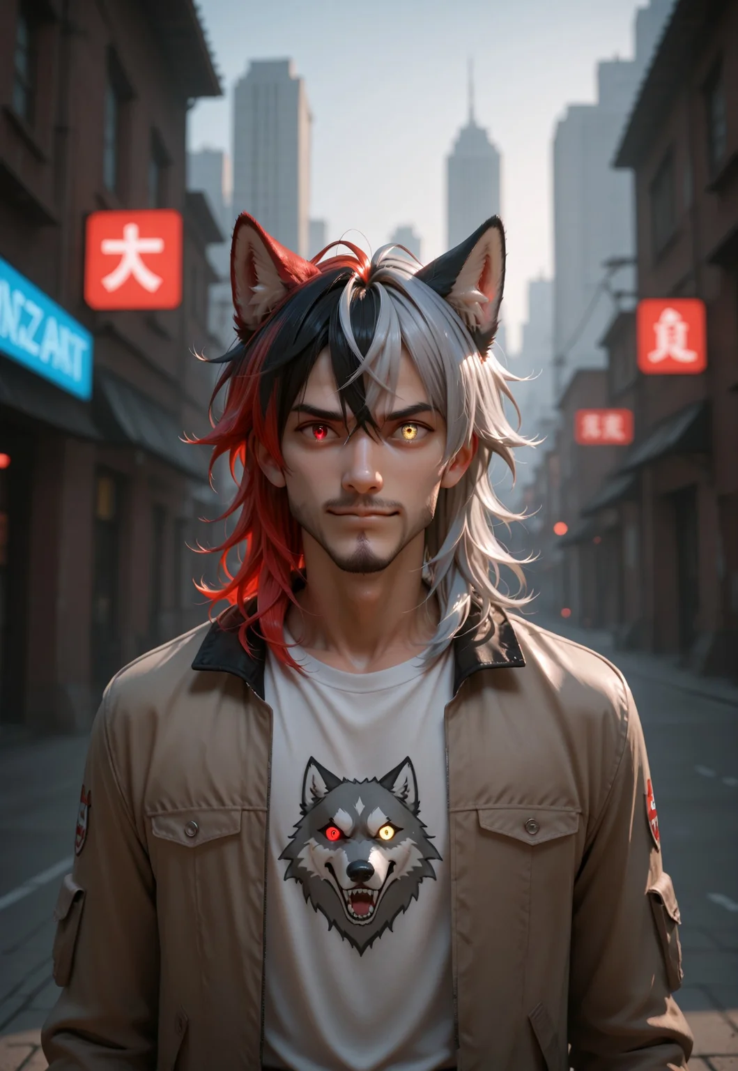 masterpiece, best quality, very aesthetic, absurdres, VD1F4NT4, expressive eyes, heterochromia, animal ears, solo, 1boy, male focus, red hair, multicolored hair, wolf ears, looking at viewer, jacket, shirt, gradient hair, yellow eyes, red eyes, grey hair, two-tone hair, black hair, messy hair, facial hair, medium hair, depth of field, outdoors, city view, cinematic angle, cinematic lighting, looking at viewer, handsome, dynamic pose