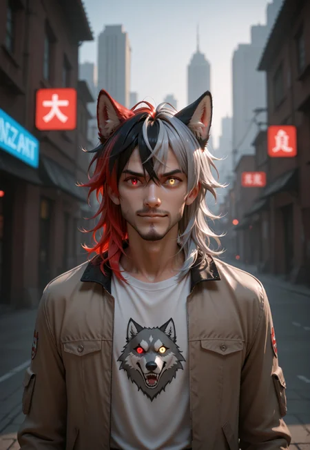 masterpiece, best quality, very aesthetic, absurdres, VD1F4NT4, expressive eyes, heterochromia, animal ears, solo, 1boy, male focus, red hair, multicolored hair, wolf ears, looking at viewer, jacket, shirt, gradient hair, yellow eyes, red eyes, grey hair, two-tone hair, black hair, messy hair, facial hair, medium hair, depth of field, outdoors, city view, cinematic angle, cinematic lighting, looking at viewer, handsome, dynamic pose