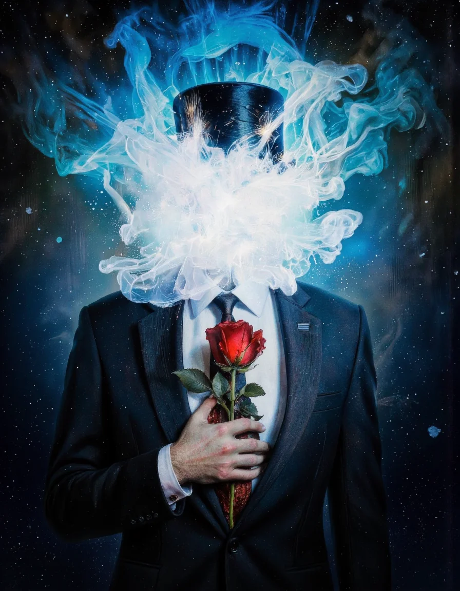 Art by Mario Nevado. This is a high-quality digital artwork, featuring a surreal, ethereal composition. The subject is a man portrait in a dark suit with a black top hat. His face is replaced by a glowing, ghostly cloud of white, surrounded by swirling, luminous blue smoke. He holds a red rose, adding a striking contrast. The background is a deep, starry void, blending seamlessly into the smoke. The lighting is soft and diffuse, likely created digitally. The composition uses the rule of thirds, with the man's face centered, and the background subtly blurred. The image has a very high aesthetic quality, with intricate details and a dreamlike atmosphere.