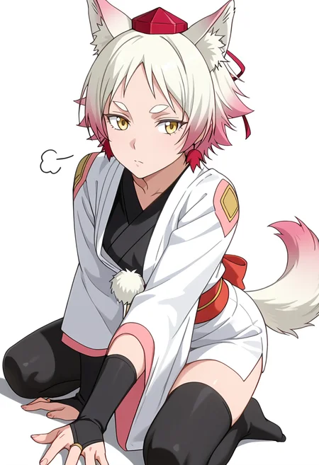 Smooth Quality,masterpiece,very intricate, high quality details, ultra realistic, high detailed skin,detailed enviorement,absurdres,
simple background, white background,
kneeling pose, one hand on the ground, other hand reaching forward, focused gaze, tense muscles, ,dutch angle,sigh,solo,
<lora:Momiji_cnn:0.8> momijicnn,1girl, wolf ears, yellow eyes, white hair, pink hair, short hair, gradient hair, thick eyebrows,tokin hat, japanese clothes,white kimono,sash, black thighhighs, long sleeves, bridal gauntlets,earrings, pom pom (clothes), tail,