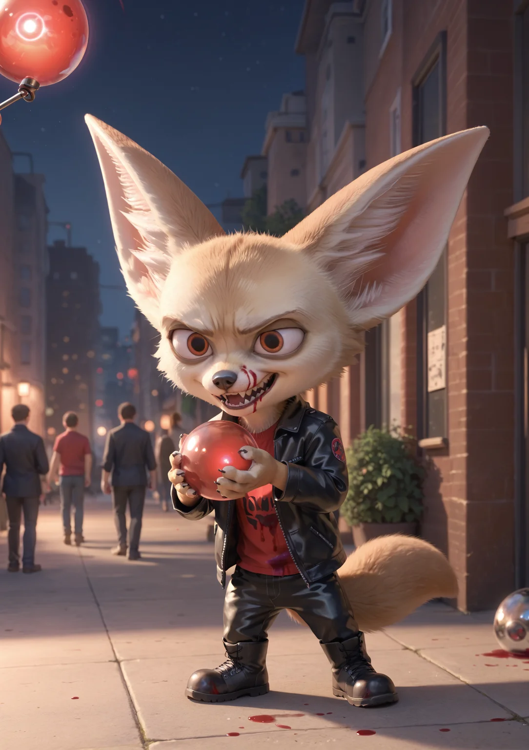(zPDXL3), Solo, Solo Focus, Furry Male, Fennec, (finnick:1.3), (Black Leather_Jacket, Black Leather_pants, Black Leather_boots), sharp teeth, (manic laughing), Glowing_Eyes, Empty_eyes, Evil Smile, (holding_orb with both hands:1.2), blood on face, blood on hands, blood on clothes, <lora:V2_F:0.8>, Outdoors, Night, City,