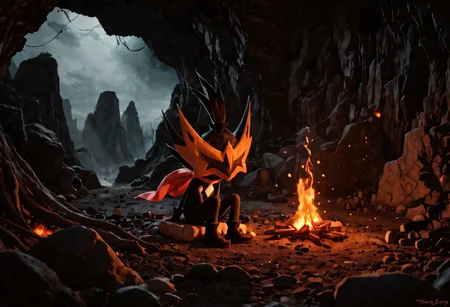 score_9,score_8,score_7, taterazay, mask, red cape, arms, high quality, hands, legs, boots, full body, background, highres, high resolution, dark lighting, sitting, fire, lonely, rock cave background, bonfire, wallpaper