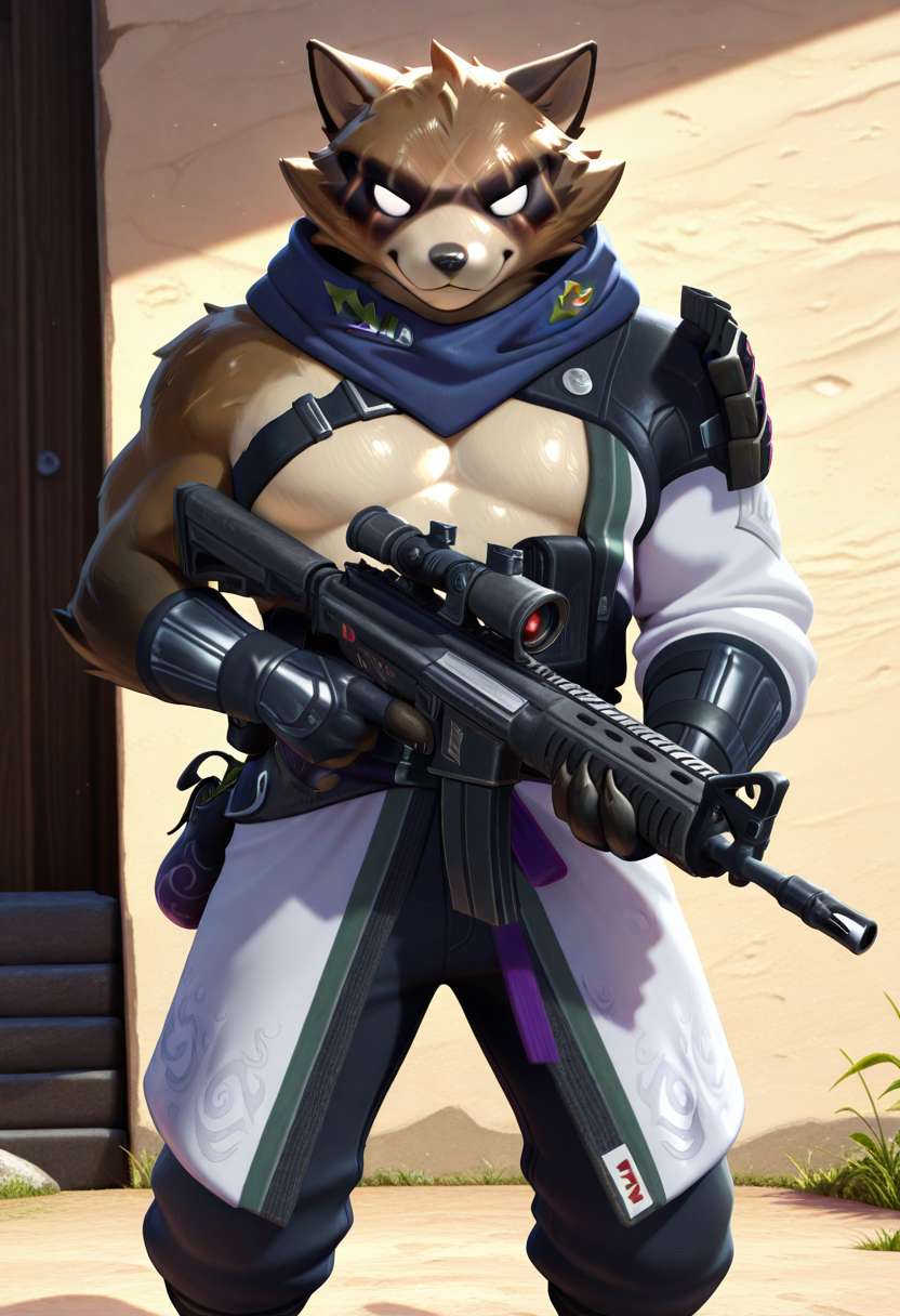 masterpiece, best quality, amazing quality, absurdres, hi res, high quality, h4j1m3, fortnite, furry, 1boy, solo, male, bara, looking at viewer, holding assault rifle, <lora:Hajime_Fortnite_illustrious:1>