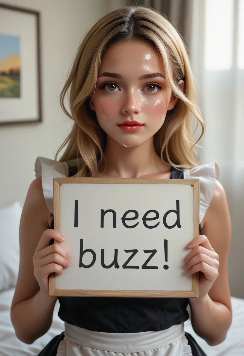 solo,need_buzz, holding sign, on a bedroom, blonde hair, long hair, Hazel eyes, (girl facial expression :(shy, mouth close, concentrate, starring at viewer)), sweat, shiny skin, Jed-frmd ,French Maid, A short, frilly black dress with white apron, sleeveless, close-up, depth of field, highly detailed, high contrast, sweaty skin, shiny skin