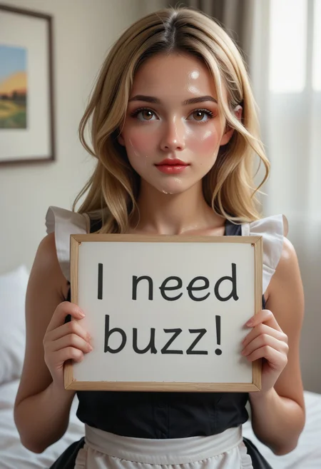 solo,need_buzz, holding sign, on a bedroom, blonde hair, long hair, Hazel eyes, (girl facial expression :(shy, mouth close, concentrate, starring at viewer)), sweat, shiny skin, Jed-frmd ,French Maid, A short, frilly black dress with white apron, sleeveless, close-up, depth of field, highly detailed, high contrast, sweaty skin, shiny skin