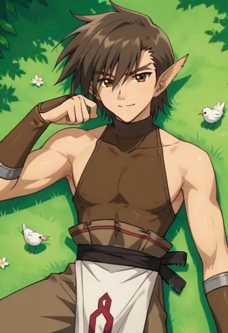 ((masterpiece)), ((best quality)), ((ultra-detailed)), score_9_up, score_8_up, score_7_up,
HD, top quality, best quality, High-quality illustrations, anime screencap, 1boy, 1male, solo male, male focus, anime boy, cute, kawaii, adorable, handsome, sexy, attractive, tall, tall body, lean body, fit lean body, Oboro, long spiky brown hair, brown eyes, long pointy elf ears, brown sleeveless turtleneck, silver neck lining, brown arm gauntlets, brown pants, long white loincloth, on the ground with grass, laying on the ground, resting on the ground, grass, resting, hand behind head pose, happy, happy expression, smiling, top view, view from the top, bird's eye view, sunny, sunlight rays