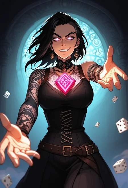 mysterious female gambler, punk mystic vibe, glowing eyes, smirking confidently, throwing glowing dice toward the viewer, enchanted playing cards, extreme foreshortening, dynamic action pose, angle from below, worm's-eye view, cinematic fantasy scene, dice in foreground appearing massive, sleek dark clothing with arcane glowing patterns, waist-up view, hand reaching toward the camera, glowing tattoos, energetic motion, dark magical saloon or ancient temple setting, mystical lighting, high detail, dramatic depth of field, visual intensity, bold composition, dark fantasy style, ultra sharp focus on eyes and dice,