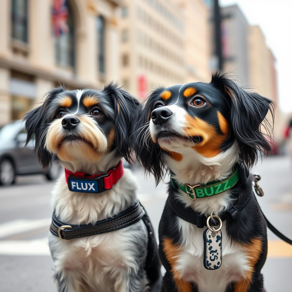 2 cute dogs on street with collars FLUX and second dog has BUZZ written on collar, city background