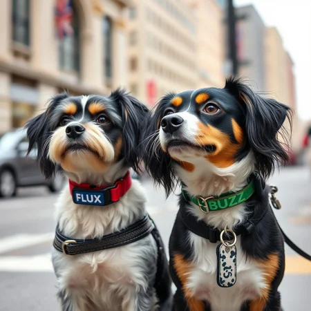 2 cute dogs on street with collars FLUX and second dog has BUZZ written on collar, city background