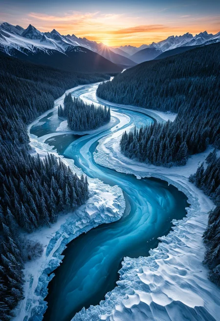 Aerial view over a frozen kingdom, sweeping panoramic snow-capped mountains, intricate crystalline ice formations, winding frozen river, dense winter forest shimmering in twilight, dramatic atmospheric lighting, high contrast shadows, expansive composition with epic scale, intricate textures, surreal reflections adding mystique, sophisticated color palette of icy blues, soft grays and luminescent whites, 8k ultra quality, digital masterpiece, hyper detailed, cinematic framing, dynamic altitude perspective
