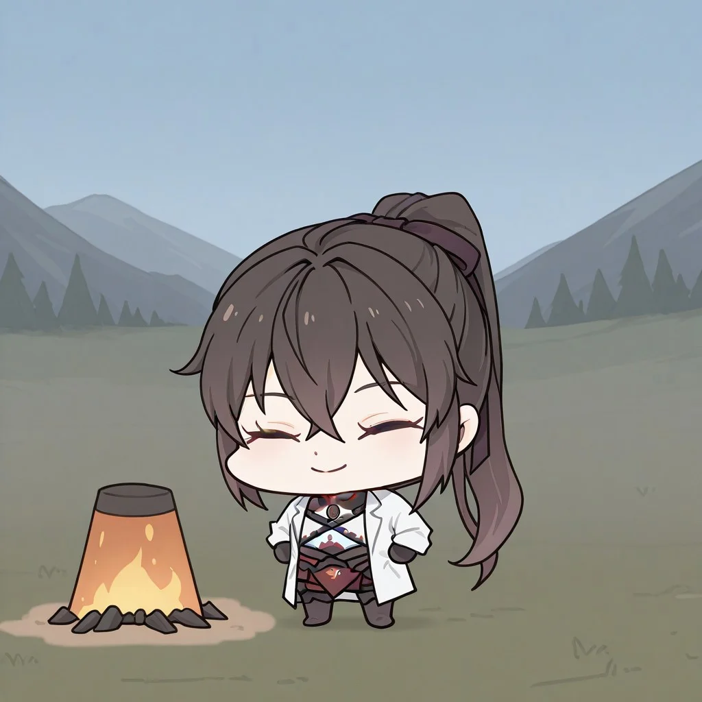 <lora:BlueSechi-IL-V3_Aeromoia:1>, bsechi, 1girl, (chibi:1.4), solo, camp, smile, UraKanna, closed eyes, ponytail, long hair, brown hair, black hair ribbon, lab coat