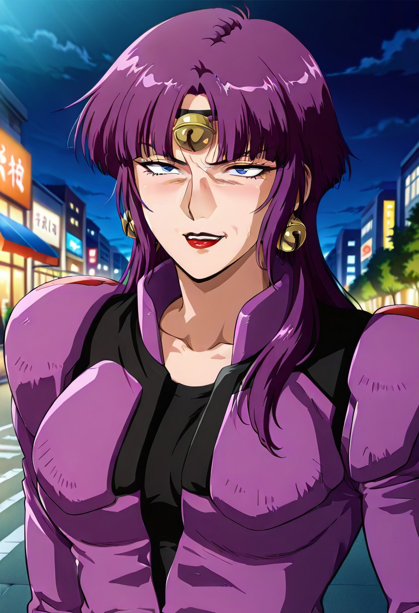 ((masterpiece, absurdres)), best quality, amazing quality, newest, 4k, anime coloring, very aesthetic, ray tracing, Smooth Quality, CG, source_anime,street view,city,night, moonlight,Fuala,blue eyes, 1 mature female, long hair, purple hair, red lips, bell headband, bell earrings, purple pilotsuit,black t-shirt,mad expression