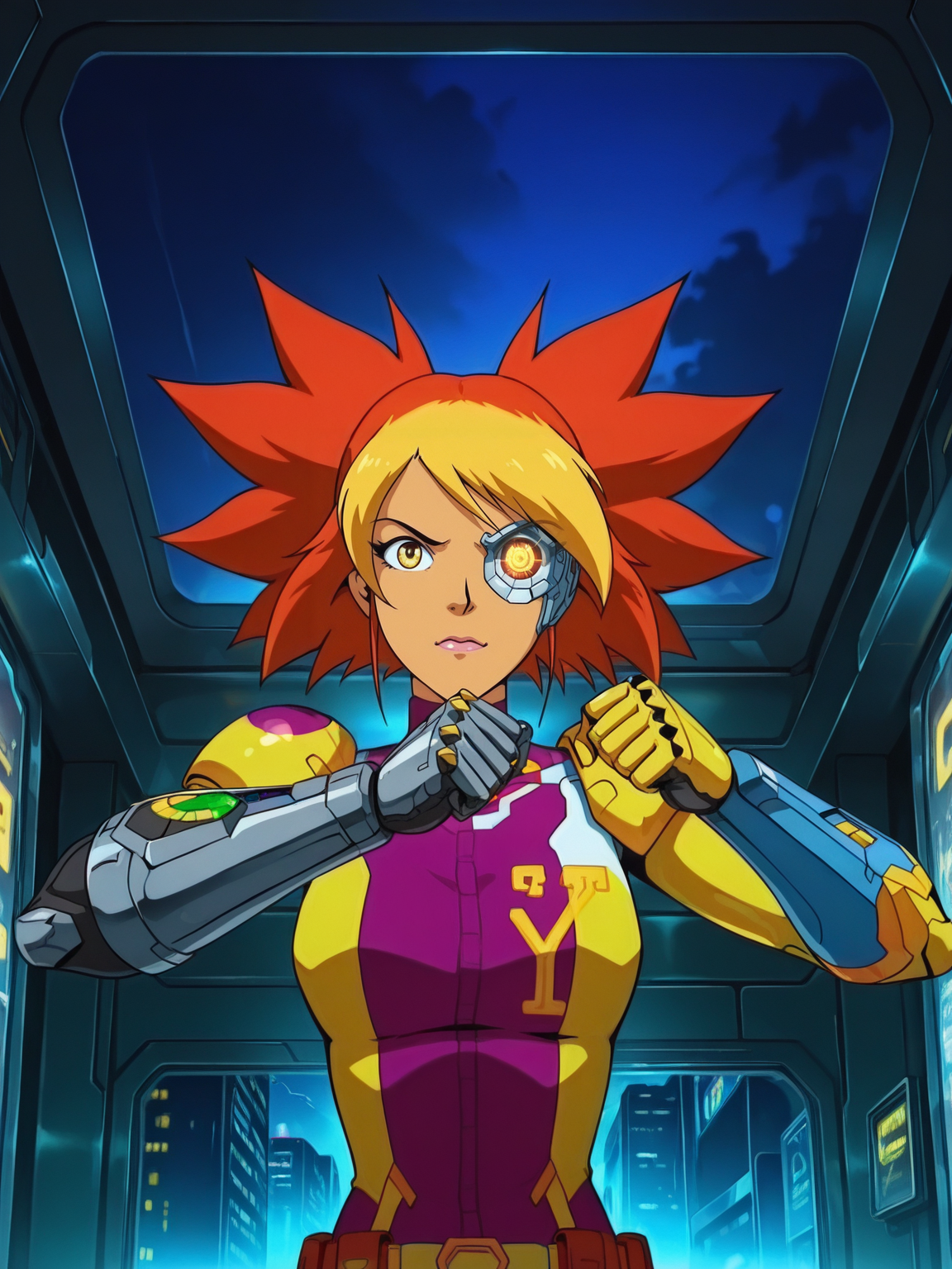 <lora:YokoIL:1> yo_ko, 1girl,
looking at viewer, cyberpunk, augmentations, prosthetic, metal arm, GLOWING CYBERNETIC EYE,difficult background, at night, dynamic pose, upper body