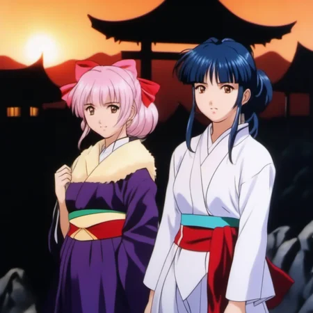 Ultra-realistic extremely detailed real life 8k masterpiece of a group of gorgeous women with different color hair in a village, epic background, extremely detailed eyes mouth and facial features, breathtaking epic lighting, cinematic composition, sakura wars anime style <lora:sakura wars anime style:1>