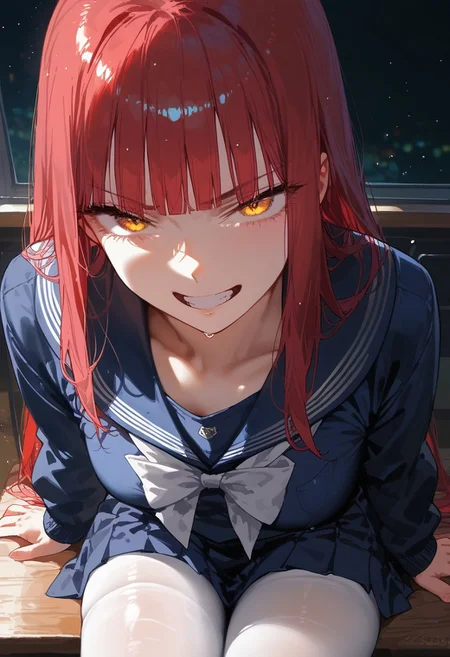 score_9, score_8_up, score_7_up, score_6_up, score_5_up, score_4_up, source_anime,
masterpiece, detailed, detailed body, 
 volumetric lighting, vibrant colors, light particles, godrays, warm light, 1dk, Expressiveh 
   shiny, shiny skin, skindentation, 
 1girl, solo, <lora:zs_SahoriXL_1:1> sahorismtv, long hair, blunt bangs, red hair, blue serafuku, long sleeves, blue skirt, white pantyhose, night, school classroom, evil grin, looking at viewer,from above  , sitting,
 Expressive eye,
Expressionless,