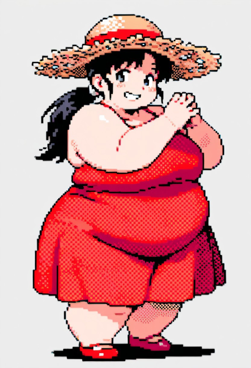 masterpiece, best quality, 32k, high resolution, absurdres, HD32k, masterpiece, extremely detailed, cute face, detailed eyes,traditional media, gn2pk, pixel art, pixel sprite,
1 woman, 35 years old, solo, bbw, ssbbw, obese, fat, round cheeks, round face, fat face, adult, black hair, long hair, grey eyes, drooping eyes, ponytail, chubby body, light grin, teeth, smile, red sundress, straw hat,
manga,halftone, high contrast,