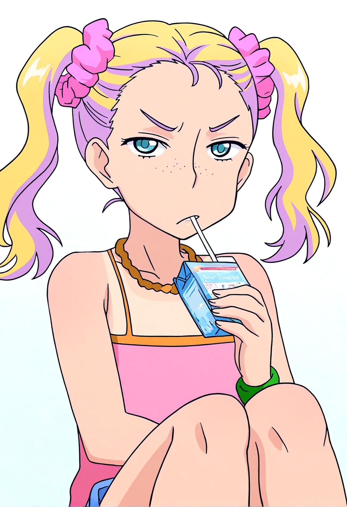 oshiete! galko-chan, tsunno, 1girl, solo, looking at viewer, blue eyes, blonde hair, hair ornament, bare shoulders, twintails, jewelry, purple hair, multicolored hair, necklace, frown, scrunchie, tan, portrait, hair scrunchie, freckles, tanlines, drinking straw, drinking, pink scrunchie, juice box, annoyed, tanktop, shorts, sitting,