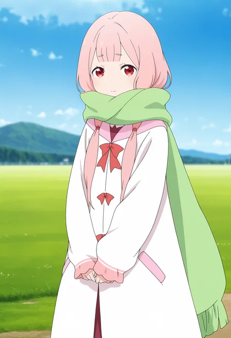 anime screencap, masterpiece, best quality,
<lora:ReZero_Carmila_IlluXL:0.9>,
1girl, solo, closed mouth,
blunt bangs, low twintails, hair tie, long hair, pink hair, red eyes,
green scarf, enpera, long coat, white coat, red bowtie, sleeves past wrists, 
own hands together, standing, looking at viewer,
grass, blue sky, photo background, blurry background