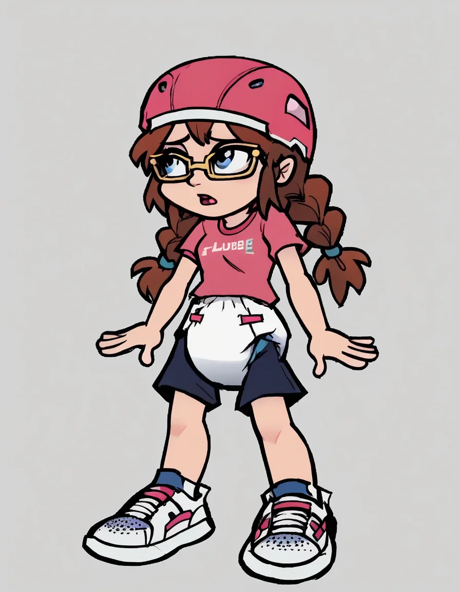 FeeBeeSML, 1girl, solo, long hair, blue eyes, shirt, brown hair, standing, full body, braid, short sleeves, shorts, shoes, gold glasses, twin braids, headband, white footwear, sneakers, t-shirt, english text on shirt, blue shorts, pink shirt, diaper outside of shorts, pink bicycle helmet, screencap