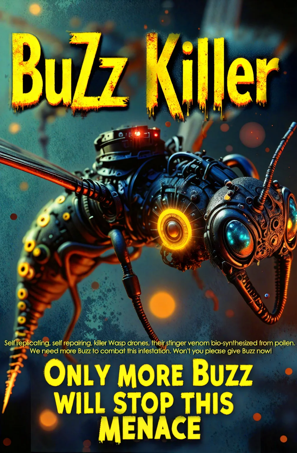 A 1950's style movie poster design of a hyper-detailed modern day rendering of a futuristic mechanical killer wasp AI drone, merging 3D rendering, and cyberpunk aesthetics. it is hovering almost vertical facing you, its tail curled under with its tail stinger pointing at you. Its metallic, segmented body gleams dull with intricate mechanical details, each plate etched with neon circuitry glowing faintly in yellow and red. The wasp’s razor-sharp, mechanical tail stinger, adorned with glowing engravings, it's tail curling under its body, pointed forward, long stinger poised to sting, glowing yellow venom slowly dripping from the stinger point, exuding an aura of lethal precision. The lighting is dramatic, casting sharp contrasts with hues of neon blue, amber, and metallic silver. The background is a blurred industrial wasteland, with hints of sparks and smoke. Across the top, the bold different multi-sized text "KiLLer BuZz" explodes in a dynamic, splattered, messy ink style, in black and yellow, ensuring readability without obstructing the wasp’s menacing visage. At the bottom center, more text reads "Only more Buzz will stop this menace" is neatly displayed in yellow text with a crisp black outline, perfectly framing the scene,magic lit