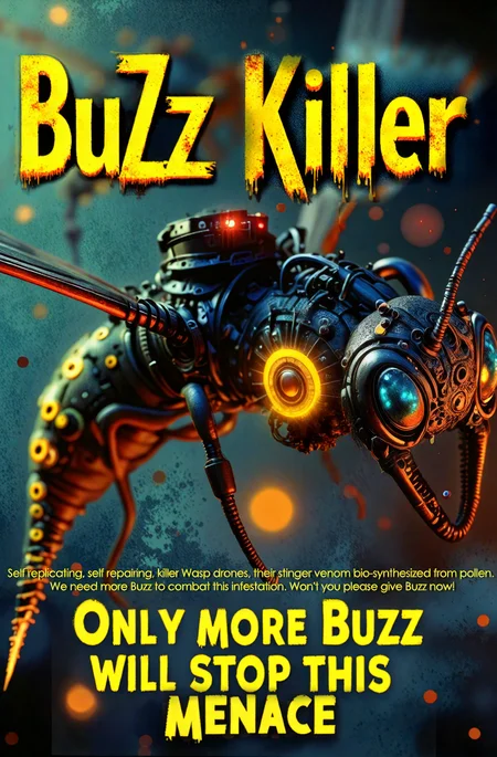 A 1950's style movie poster design of a hyper-detailed modern day rendering of a futuristic mechanical killer wasp AI drone, merging 3D rendering, and cyberpunk aesthetics. it is hovering almost vertical facing you, its tail curled under with its tail stinger pointing at you. Its metallic, segmented body gleams dull with intricate mechanical details, each plate etched with neon circuitry glowing faintly in yellow and red. The wasp’s razor-sharp, mechanical tail stinger, adorned with glowing engravings, it's tail curling under its body, pointed forward, long stinger poised to sting, glowing yellow venom slowly dripping from the stinger point, exuding an aura of lethal precision. The lighting is dramatic, casting sharp contrasts with hues of neon blue, amber, and metallic silver. The background is a blurred industrial wasteland, with hints of sparks and smoke. Across the top, the bold different multi-sized text "KiLLer BuZz" explodes in a dynamic, splattered, messy ink style, in black and yellow, ensuring readability without obstructing the wasp’s menacing visage. At the bottom center, more text reads "Only more Buzz will stop this menace" is neatly displayed in yellow text with a crisp black outline, perfectly framing the scene,magic lit