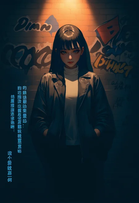masterpiece, best quality, newest, absurdres, highres, night, dim light, dark, casual, against wall, graffiti, jacket, chinese text, realistic, looking at viewer, closed mouth, shadow,