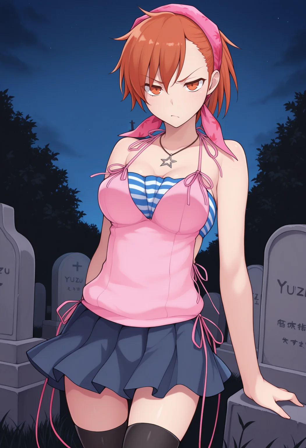 masterpiece, best quality, solo, 1girl, annoyed, looking at viewer, <lora:Yuzu-illus_Fp:1>, yuzu, short hair, orange hair, orange eyes, bandana, pink camisole, bandeau, skirt, thighhighs, star necklace, outdoors, graveyard, night,