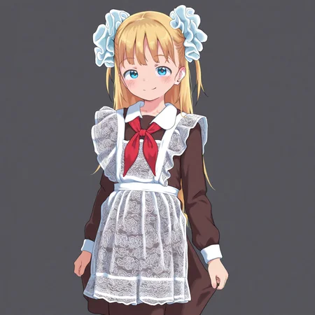 1girl, Bubukka, blond, blue eyes, sovsh_uniform, lace apron, frilled hair scrunchie, red neckerchief, brown dress, long sleeves,