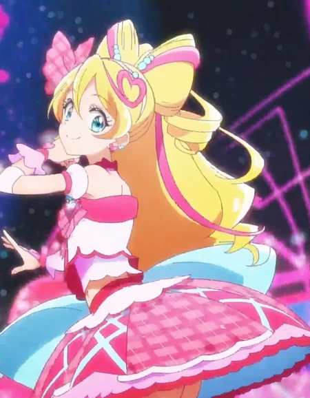 score_9, score_8_up, score_7_up,source anime,absurdres,solo,1girl,anime screencap, (from behind:1.2),cureidol, pink skirt, smile, skirt, jewelry, earrings, navel, looking at viewer, pink bow, midriff, magical girl, bow, heart, plaid, hair ornament, idol ,cowboy shot,<lora:cureidol_pony:0.8>